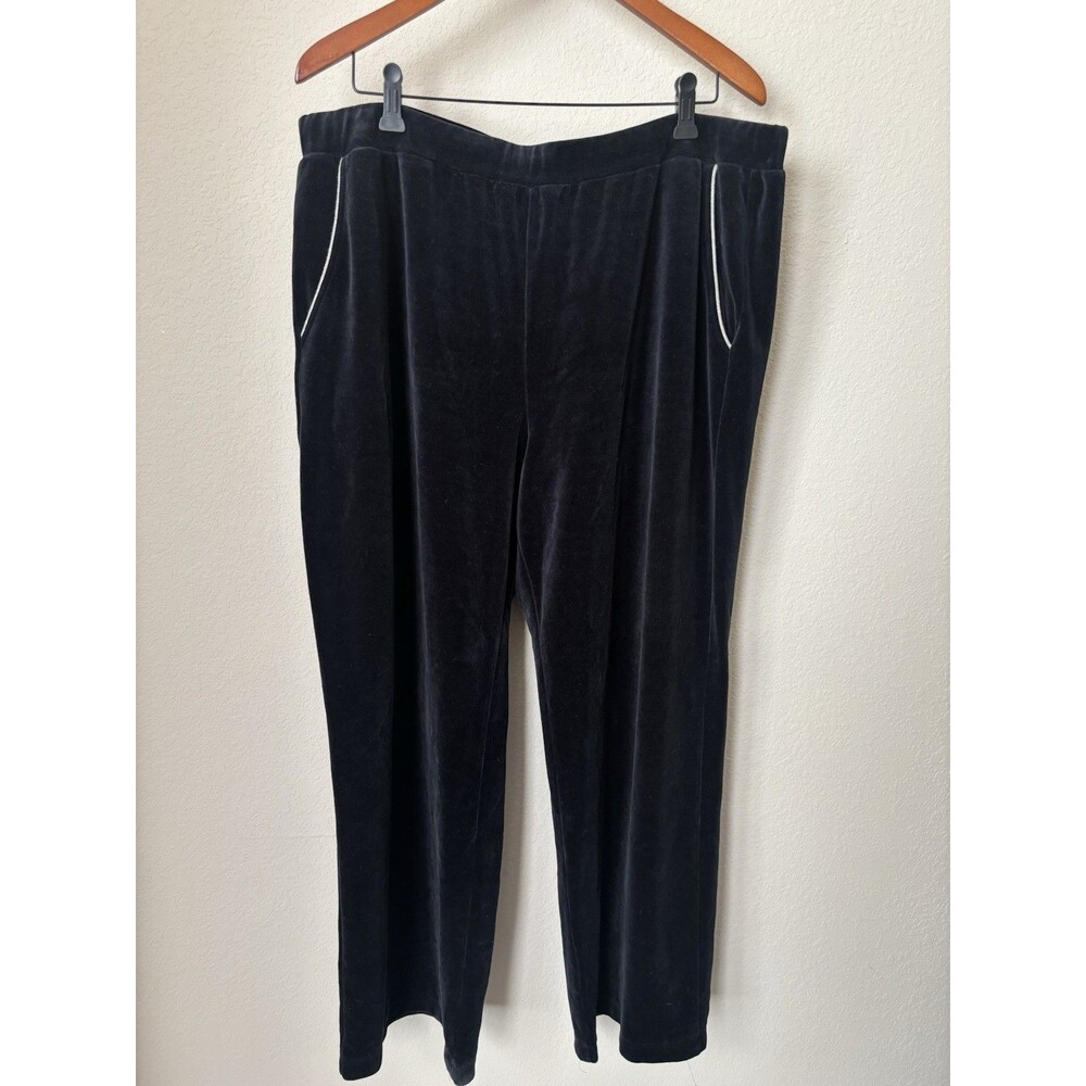 St. John Sport Size XL Black Velour Silver Piped-Trim Pockets Track Pants